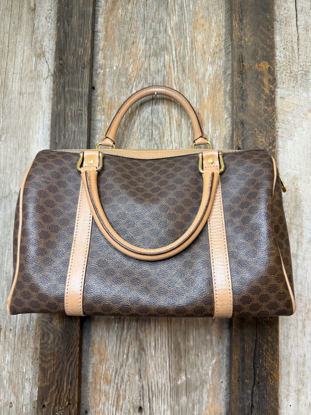 Vintage CELINE Brown Canvas Macadam Leather Boston Tote Bag Made in Italy - Picture 5 of 16